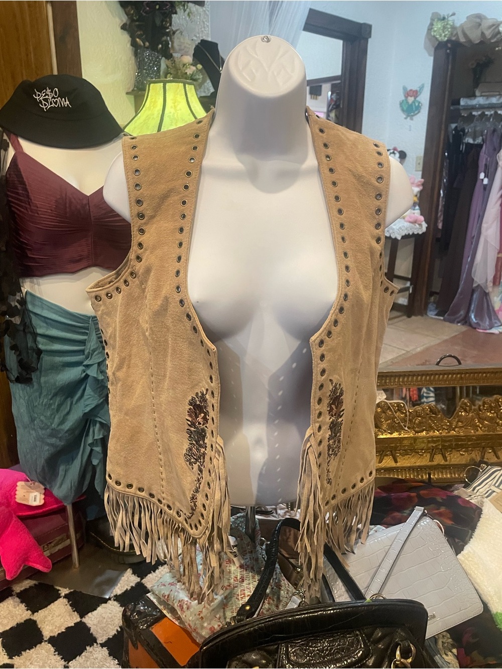 Suede Fringe Embroidered Vest - Tan